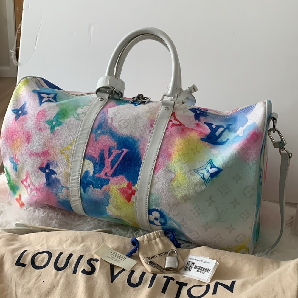 RARE Louis Vuitton White Watercolor Keepall Bandouliere Bag w/Free LV Sweatshirt